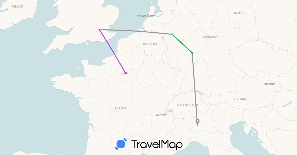 TravelMap itinerary: bus, plane, train in Germany, France, United Kingdom, Italy (Europe)